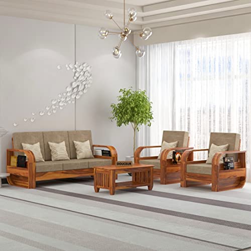 Image of Douceur Furnitures Solid Sheesham Wood 5 Seater Sofa | Five Seater Sofa Set with Coffee Table for Living Room, Cafe, Office | (Honey Teak Cushion Matte)