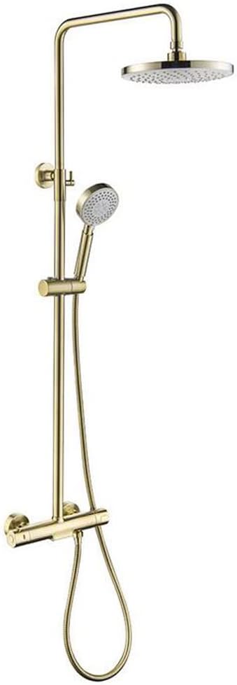 Luxury Brushed Gold Shower System - Thermostatic Wall-Mounted Taps Set with 8-Inch Rainfall Shower Head & Handheld Diverter Mixer - Premium Bathroom Fixture