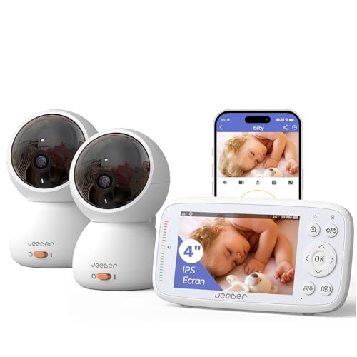 jeeber Babyphone 2 Camera, 4' IPS Écran Babyphone Connecté Smartphone, 360 Degrés, Vision Nocturne, Lumière Infrarouge Invisible, Détection des Pleurs, Détection de Température, VOX