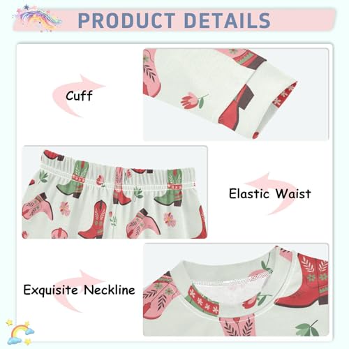 Pajama Sets Long Sleeve Cowboy Boots Floral Pattern Soft Comfy Sleepwear 2 Piece PJS 3-8T4
