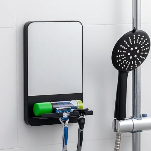 taili shower mirror fogless suction shaving mirror with razor holder fog free with storage tray rust-proof shatterproof removable bathroom amp shower accessories black