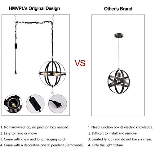 HMVPL Plug in Pendant Light Fixtures, Industrial 3 Light Globe Swag Lamp with 16.4 Ft Hanging Cord and Toggle Switch, Black Finish Vintage Metal Chandelier for Living Room Kitchen Island Hallway