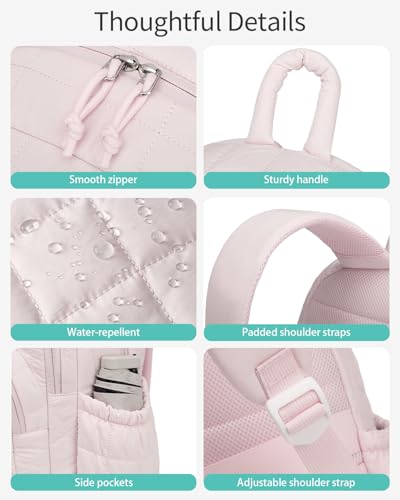 Image of Bookbag for Women, Teen Girls Backpack for High School College Student, Puffer Quilted Back Pack Cute Laptop Backpack 17.3in for Work Travel Mom Casual, Pink