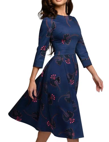 Image of Simple Flavor Women's Floral Vintage Dress Elegant Midi Evening Dress 3 /4 Sleeves