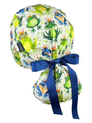 Image of Scrub Cap for Women and Men, Ponytail Scrub Caps, Working Hat, Head Cover with Ribbon Ties and Buttons, Long Hair