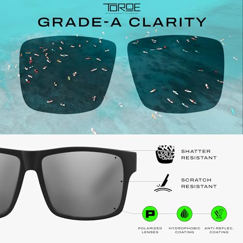 Image of TOROE TR90 Square Frame Grade A Polarized Black Emblem Sunglasses with Anti Reflective Water Repellent Polycarbonate Lenses