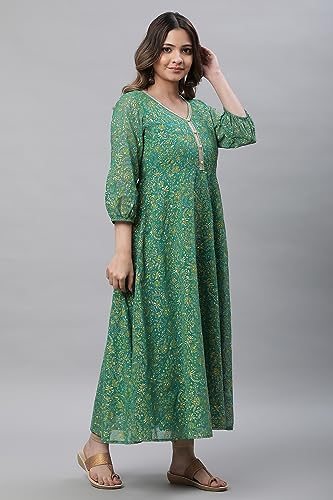 Image of Aurelia Women's Poly Georgette Regular Fit Lush Meadow Floral Printed Flared Kurta