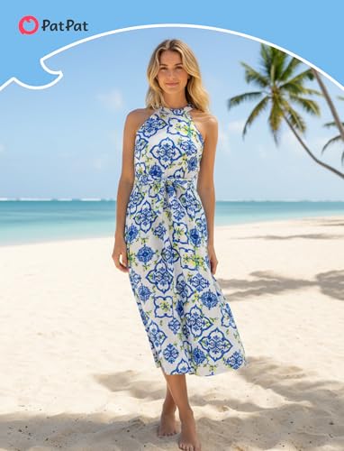 Image of PATPAT Family Hawaiian Matching Outfits - Mommy and Me Vacation Outfits | Halter Sundresses and Button Down Shirts,Caribbean Vacation Summer Tropical Outfits,Hawaiian Boho Tropical Floral Printed