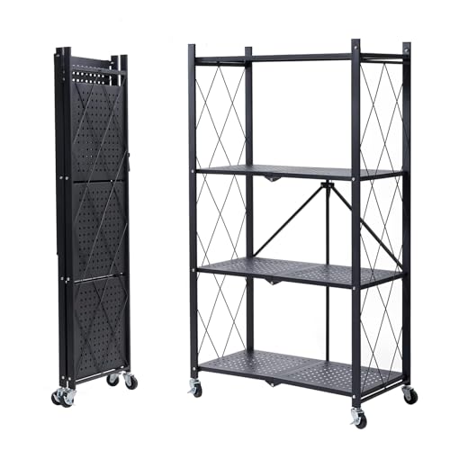 Velvaria Foldable Storage Shelf No Assembly Required Metal Storage Shelves on Wheels for Living Room Bedroom Kitchen (Black 4-Shelf)