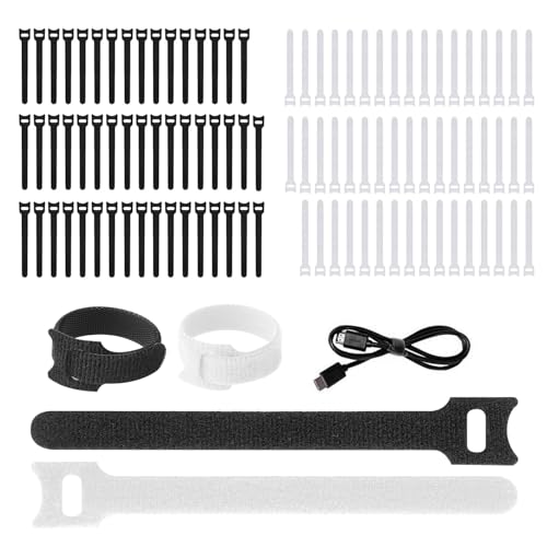 Ryaupy 50pcs Bridas Reutilizables para Cables - Ajustable Ataduras con Nylon Gancho y Lazo - Organizador de Cables para Oficina, Hogar, Jardín y Más(blanco+Negro)
