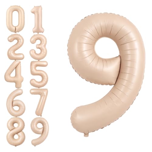 Image of Wanna Party 40 Inches Apricot Super Shape Number 9 Balloon, Number Balloons for Themes & Events, Birthday Supplies & Decoration -Caramel Light Brown Foil Number Balloons
