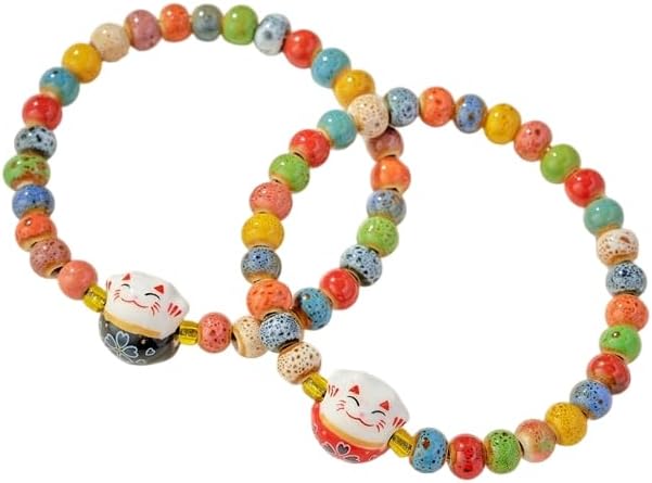 Lucky Cat Bracelet with Ceramic Cat Pendant, Feng Shui Good Luck Bracelet for Women, Wealth & Protection Pulsera Ojo de Gato Jewelry