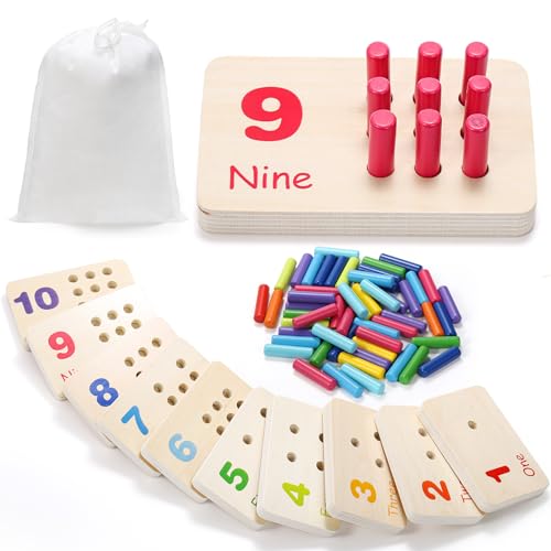 Suwimut Wooden Counting Peg Board Kindergarten Math Manipulatives Number Counting Toys Learning Activities Montessori Educational Toys for 3 4 5 Year Old Kids Boys Girls Gifts