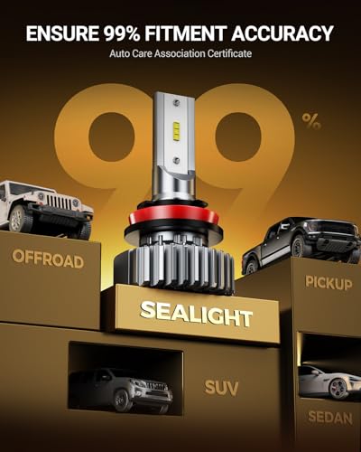 Image of SEALIGHT H11 9005 Bulbs, 1000% Brighter 64000LM 60W 6500K Cool White, 1:1 Size of Stock Bulb, 80000hrs Long Lifespan, Plug & Play Within 3 Minute, 4PCS