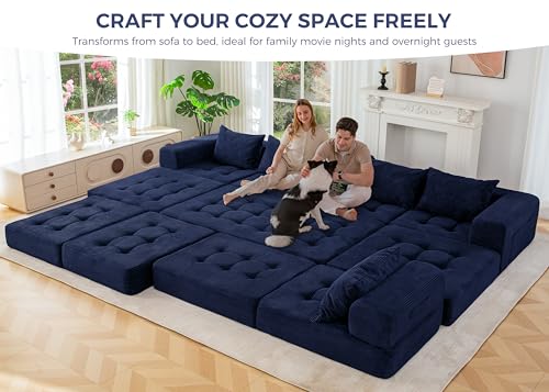 Image of MAXYOYO Modular Sectional Sofa Couch, Foldable U Shaped Cloud Couch with Pillows, Tufted 7-Seat Boneless Lounger Floor Sofa Bed for Living Room, No Assembly Required, Navy