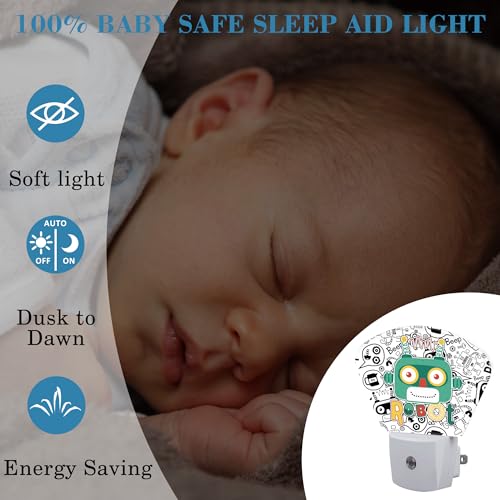 Image of Funny Cartoon Robot Night Light for Kids, Robot LED Night Light Plug into Wall with Dusk to Dawn Sensor for Girls Boys Women Men Bedroom, Hallway, Kitchen, Bathroom, Stairs Decor