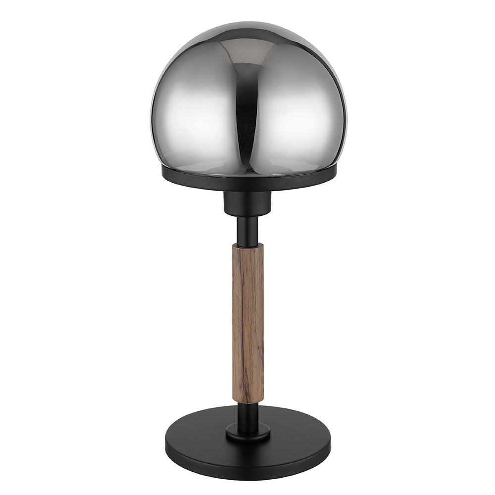 Tischlampe Pilz Design Nachttischlampe Retro Tischleuchte Rauchglas Holzoptik Wohnzimmerlampe, Metall schwarz, 1x E27, DxH 18 x 40 cm