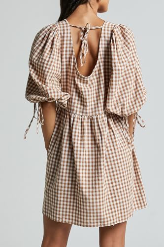 Kuraki Women's Classy Mini Plaid Puff Sleeve Checkered Dress2