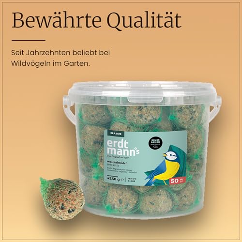Erdtmanns 50 Meisenknödel mit Netz im Eimer 4,25 kg – Vogelfutter mit Getreideflocken & Sonnenblumenkernen – Ganzjahresfutter für Wildvögel – für Garten, Balkon & Bäume