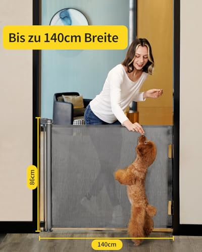 Retraktierbares Sicherheitsgitter für Babys & Haustiere – Extra Breit & Hoch, 0-140CM Türschutzgitter für Treppen, Türen, Innen- & Außenbereich, Einfache Einhand-Bedienung, Grau