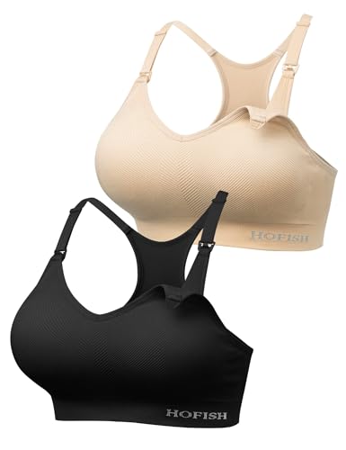 HOFISH Stützender Still-Sport-BH, nahtlos, mittlere Stützkraft, Racerback, gepolsterter Still-BH für die Schwangerschaft, 2er-Pack, Schwarz und Beige, Groß HOFISH Stützender Still-Sport-BH, nahtlos, mittlere Stützkraft, Racerback, gepolsterter Still-BH für die Schwangerschaft, 2er-Pack, Schwarz und Beige, Groß