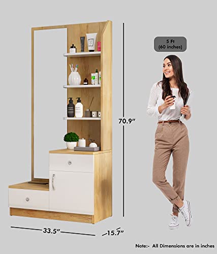 Image of Bniture Wooden Dressing Table for Bedroom with 2 Drawer, Mirror and Huge Storage Space | Long Dresser Vanity Table with Mirror (40D x 85W x 180H CM) (Giant Wood & Frosty White)