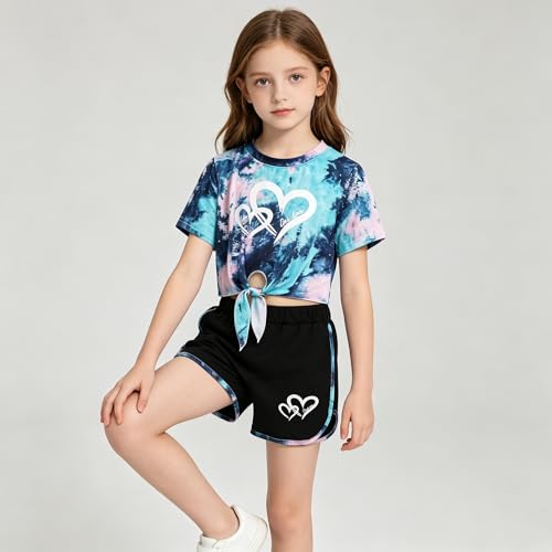 Image of Girls 6 Pieces Summer Outfits Casual Short Sleeve Tee Tops and Dolphin Shorts Set 4-12Y