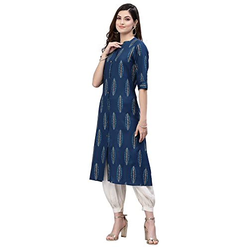Image of Stylum Women's Turquoise Block Printed Rayon A-Line Kurta | Office Kurtas for Women (Available in Plus Sizes)