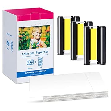 Freshworld KP-108IN CP1300 Tinta e papel compatíveis com Canon Selphy CP1300 CP1500 CP1200 CP1000 CP910 CP900 CP810 CP760 CP770 CP780, KP108 cartuchos de tinta de 3 cores e 108 folhas brilhantes Foto