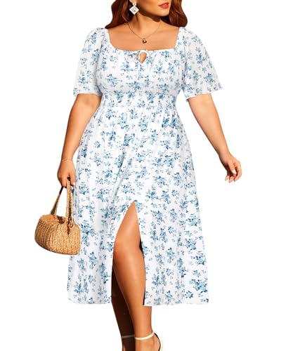 Summer Sun Dress Women 2025 Plus Size Milkmaid Floral Blue Wedding Guest Beach Midi Casual Square Neck Split Dresses