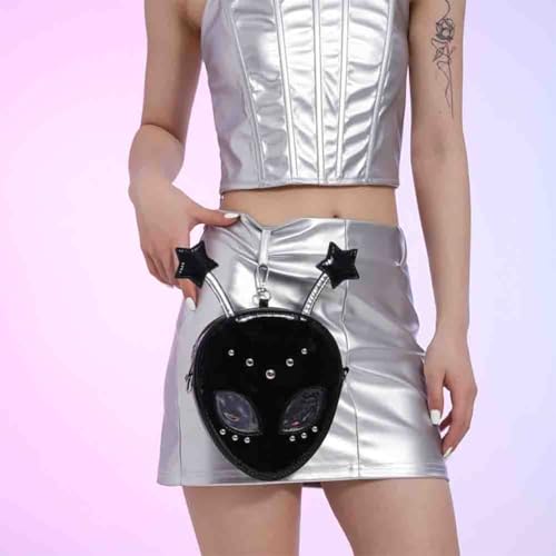 Women’s Wacky Alien Shaped Shoulder Bag, PU Leather Glossy UFO Chain Clutch Purse, Novelty Riveted Cartoon Crossbody Bag4