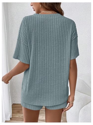 Image of MakeMeChic Women's Maternity Sets Summer Rib Knit Top and Short | 2 Piece Mama Clothes,Lounge,Short Sleeve Tee Shirt,Pregnancy Pajamas,Bump Friendly Outfits