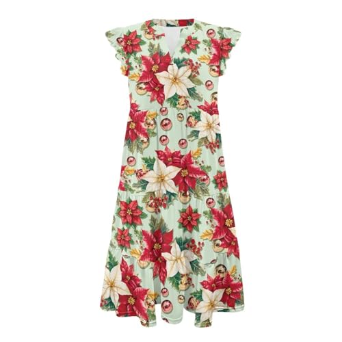 Image of Women's Casual Ruffle Sleeve Dress V Neck Pullover Dress Flowy A-Line Pleated Lightweight Dress with Pockets