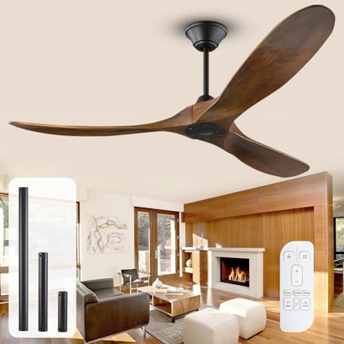 Ventilador De Techo De Madera Sin Luz Para Exteriores De 132 Cm, Ventilador De Techo RúStico Sin Luz De 132 Cm Con Mando A Distancia, Ventilador De Techo De Nogal De 3 Aspas Para SalóN, Cenador, Porch