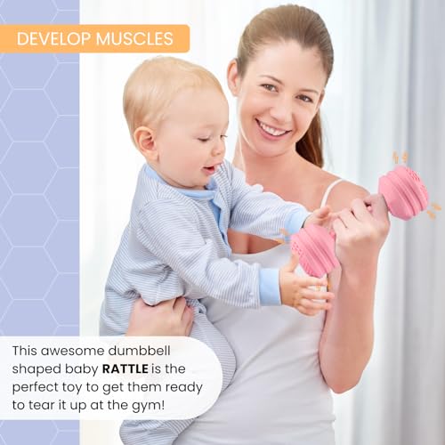 Image of Baby Dumbbell Toy - Silicone Dumbbell Teether Toys Weight Rattle Sensory Toy for Babies - Great Gift for Baby and Toddler Girls or Boys (Pink)