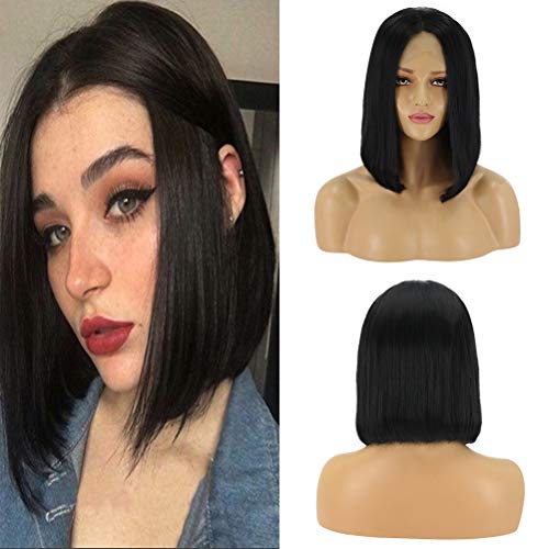 Lurrose Peruca feminina moda cabelo reto curto peruca preta até o ombro peruca headgear natural que