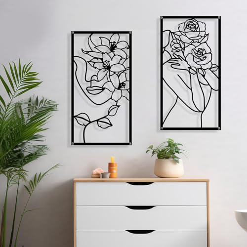 Zzbakress 4 Pcs Metal Minimalist Abstract Woman and Flower Wall Art Single Line Drawing Art Decor Minimalist Home Hanging Wall Decor for Bedroom Bathroom Living Room (style1, Black) - Image 3