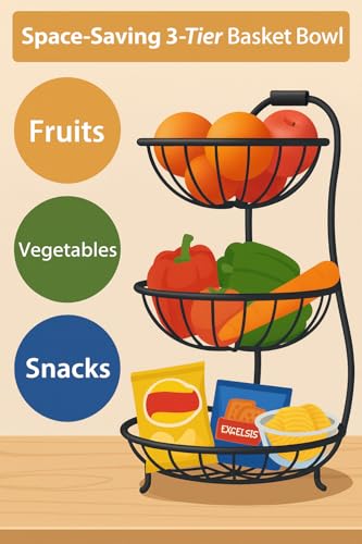 Image of 3-Tier Black Metal Fruit Basket for Kitchen Countertop | Large Capacity Tiered Wire Fruit Bowl Stand | Heavy Duty Vegetable & Produce Storage Organizer | Modern Farmhouse Decor