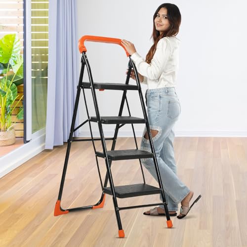 Image of CIPLA PLAST Heavy Duty Folding Ladder with Wide Steps | Lifestyle 4 Steps Foldable | Slip-Resistant | High Strength Long Durable for Home, Kitchen | (Black & Orange)