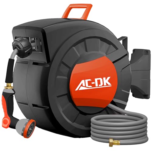 AC-DK Retractable Garden Hose Reel,1/2 in x 100ft (Green) Wall Mounted Hose Reel, with 12- Function Sprayer Nozzle, Any Length Lock/Slow Return System/Wall Mounted/180°Swivel Bracket