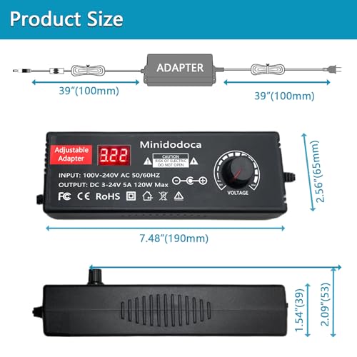 Image of 120W Power Supply Adjustable DC 3V ~ 24V Variable Universal Switching AC /DC Adapter Minidodoca AC to DC Converter with LED Voltage Display and 16 Tips, for 3V to 24V Household Electronics - 5000mA Max