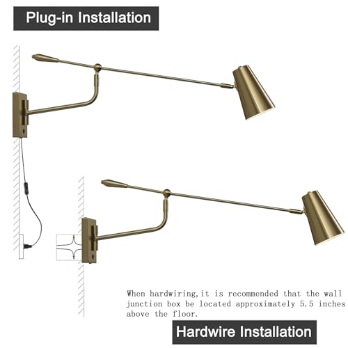 Image of Rotatable Activity Adjustable Direction Swing Arm Wall Lamp, Dual Power Modes Plug-in /Hardwired, Indoor Large Gold Wall Mounted Lights for Bedroom Living Room Dining Room, E26 Bulb