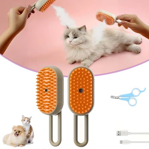 Puffease Cat Steam Brush Spritz Defur Comb for Cats Quick & Easy Pet Hair Remover Massaging & Deshedding - Anti-Static Moisturizing USB Rechargeable for Dogs & Cats (Brown)