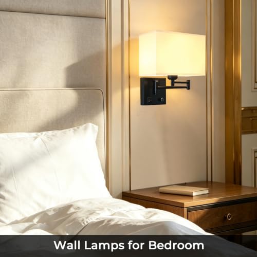Image of Plug in Wall Lamp for Living Room Bedroom Bedside, Bulb Included | Wall Sconce with USB C+A Charging Ports, Adjustable Swing Arm 270, Adjustable Color Temperature, White Square Lampshade