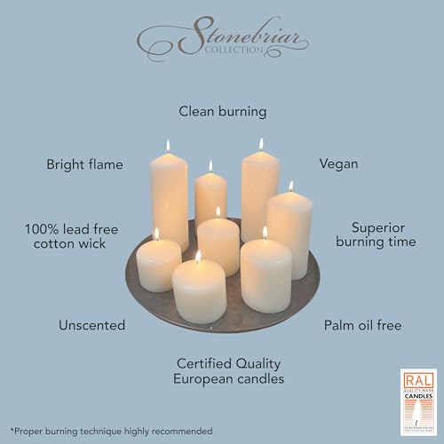 Image of Stonebriar 3 Pack Tall 3 x 8 Inch 80 Hour Long Burning Unscented White Wax Pillar Candles