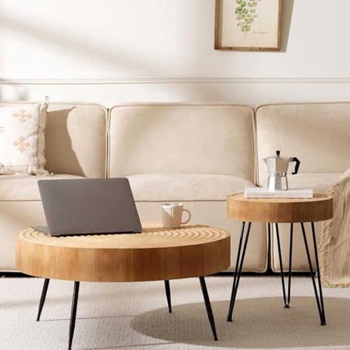 Cagnolier Lot de 2 tables basses rondes en bois - Design linéaire - Avec pieds en métal noir - Table basse dans le salon - Diamètre 77 x 36 cm avec 40 x 47...