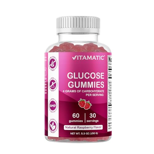 Vitamatic Glucose chewable Gummies - 60 Count - Natural Raspberry Flavor - 4G of Carbohydrate per Serving (1 Bottle)