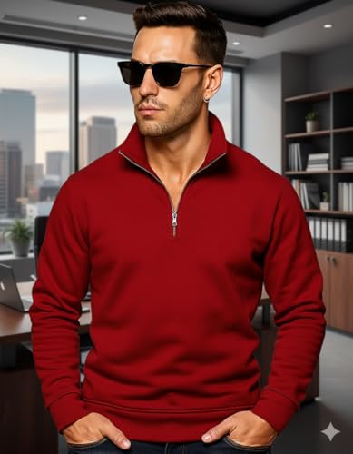Image of Quarter Zip Pullover Sweatshirt, Classic Long Sleeve Mock Neck, Available in Burgundy, Black, Light Blue