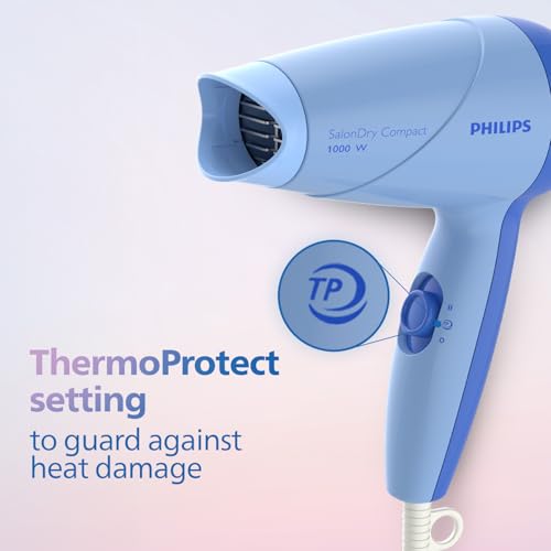 Philips India's No.1 Hair Styling Brand -Hair Dryer 1000W |Blow Dry for Men & Women | 2 Heat Settings| ThermoProtect tech |Travel-Friendly, Quick Dry, Frizz Control | For Indian Hair | HP8100/60 Blue