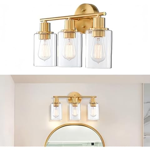WISBEAM 3-Light Bathroom Vanity Light Over Mirror, Gold Bathroom Wall Sconce with Clear Glass Shade Including E26 Medium Base, Bulb NOT Included Cover